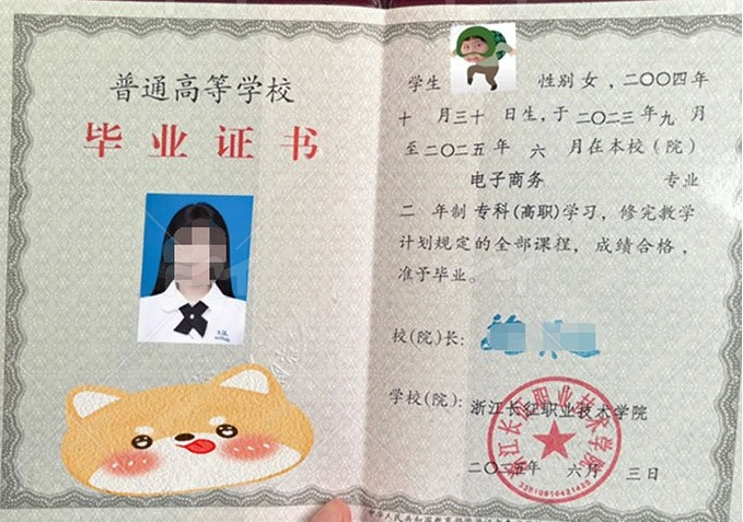 浙江长征职业技术学院2025年普通全日制专科毕业证书样本图片（电子商务）